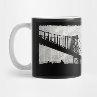 News Feed , Newspaper Bridge Collage, night cityscape cutout, black white city print illustration Mug
